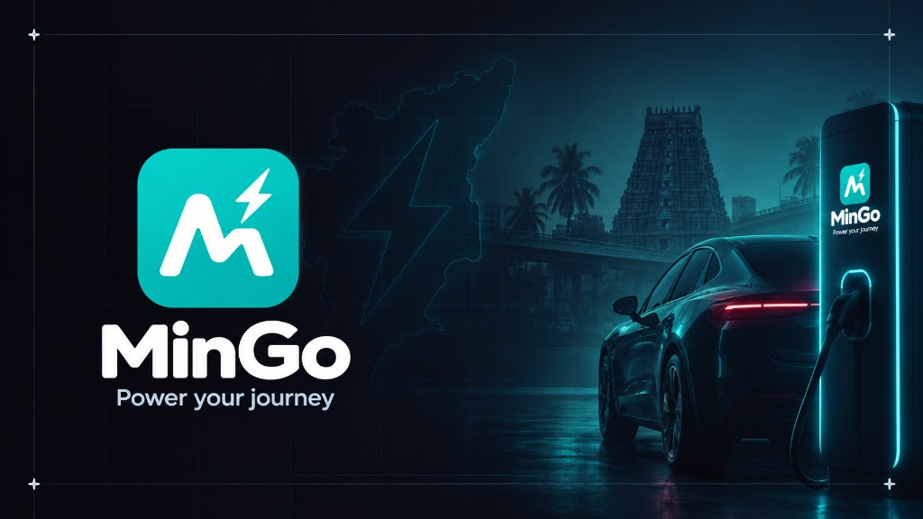 MinGo EV charging ecosystem promotional banner showing a car at a charging station with a temple background
